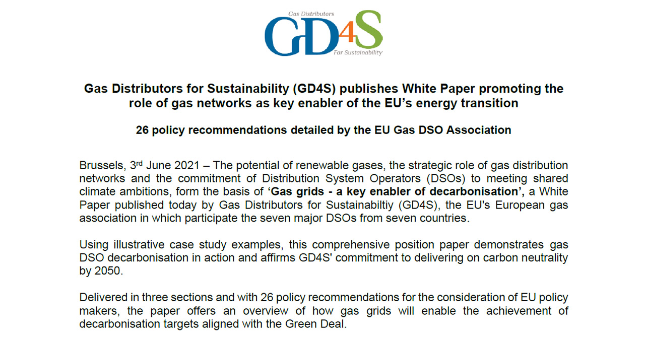 Gas Distributors for Sustainability (GD4S) publishes White Paper promoting the role of gas networks as key enabler of the EU’s energy transition