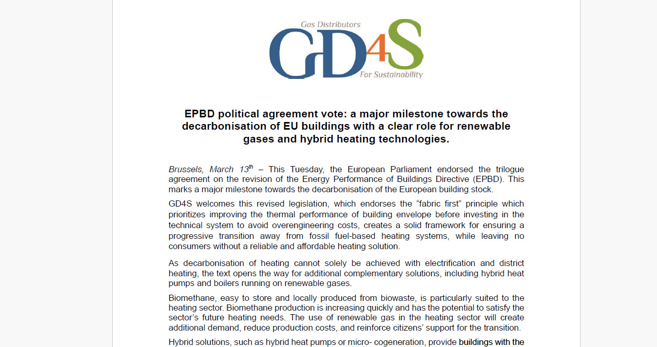 EPBD political agreement vote: a major milestone towards the decarbonisation of EU buildings with a clear role for renewable gases and hybrid heating technologies.